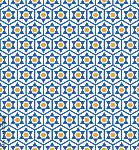 Moroccan six point star hexagon tile seamless pattern in blue, white and saffron