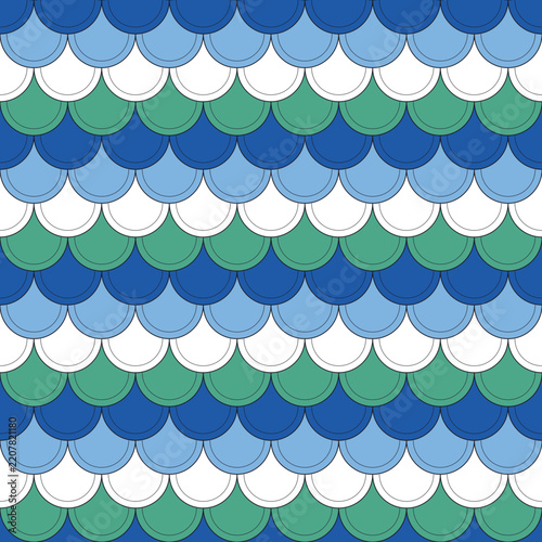 Moroccan fish scale scallop tile seamless pattern in blue, sky blue, white and mint