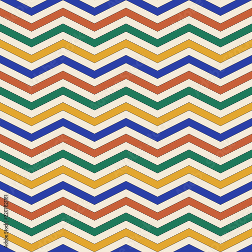Moroccan zellige chevron zigzag stripes seamless pattern in blue, terracotta, green and saffron