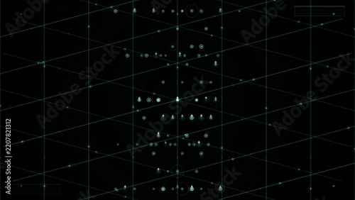 Glowing digital symbols arranged on a dark perspective grid