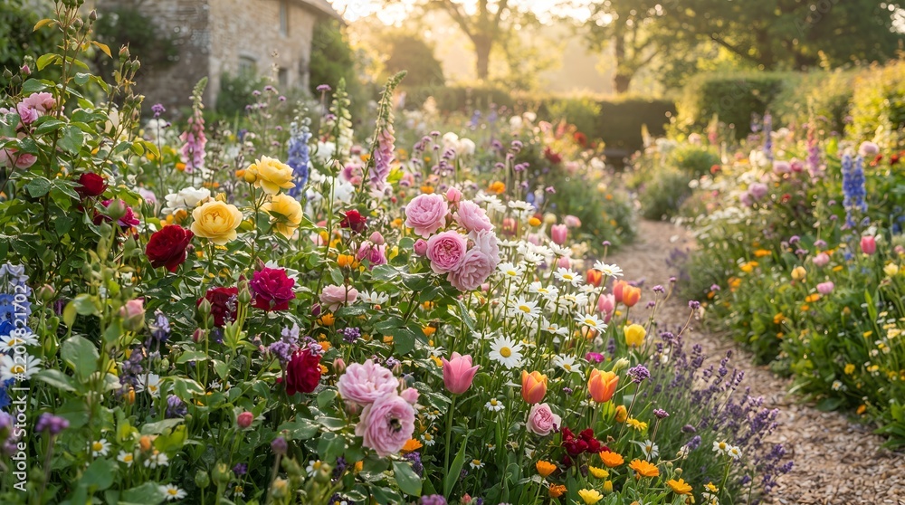Fototapeta premium Colorful summer garden path with blooming roses and wildflowers at sunset