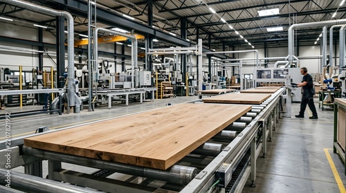 Industrial production line of solid wooden panels on a roller conveyor belt inside a modern woodworking factory with a professional worker monitoring the automated manufacturing process.