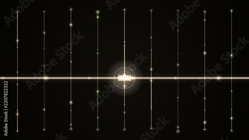 Golden luminous grid lines cross a black backdrop with a radiant central focal point