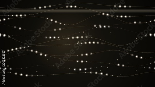 Glowing white light dots form flowing wavy curves across a dark black background