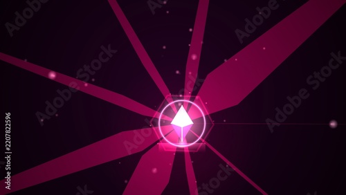 Glowing pink rays burst from a central white triangle against a dark background.