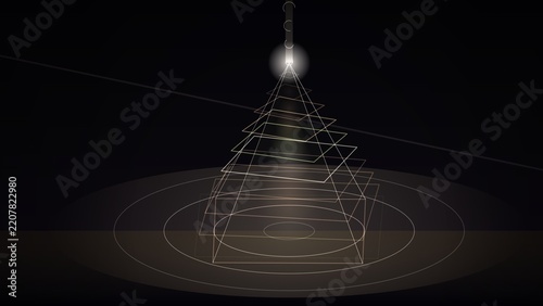 Glowing sphere illuminates geometric wireframe structure against dark background