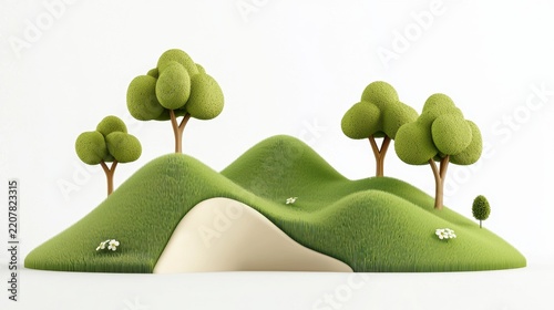 Whimsical miniature landscape with textured green hills and stylized trees against a clean white background creating a playful scene