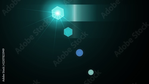 Bright glowing geometric shapes floating against a dark background
