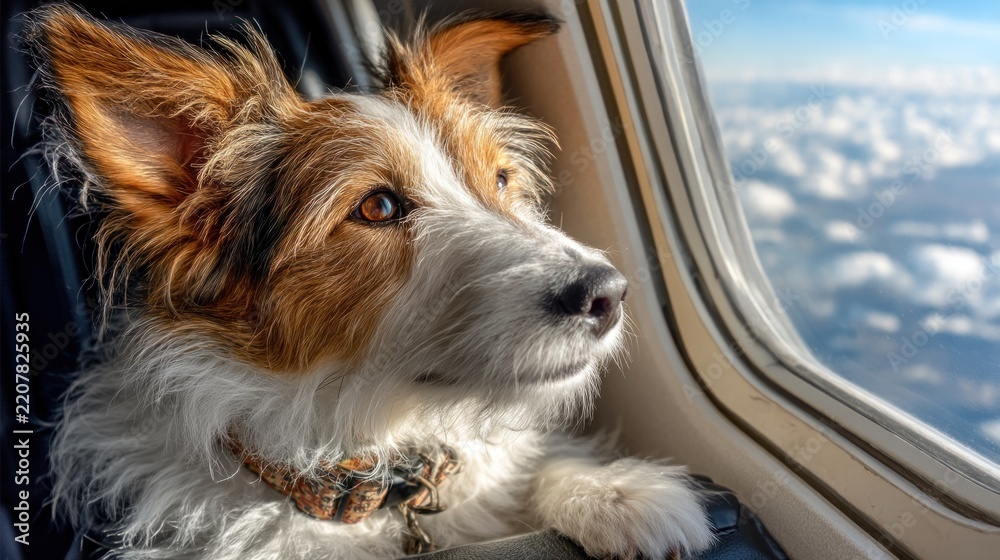 Fototapeta premium Curious Small Dog Looking Out of Airplane Window During Flight