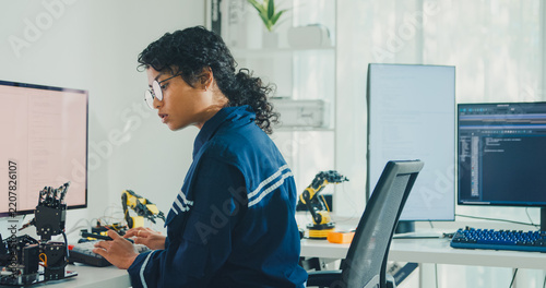 Young African American female robotics engineer coding AI software for robotic arm in laboratory. Embedded system, firmware testing, machine learning, industrial automation, future technology concept.