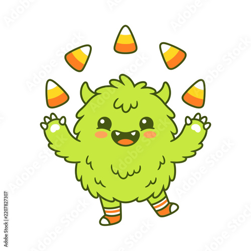 Cute green monster juggling candy corn