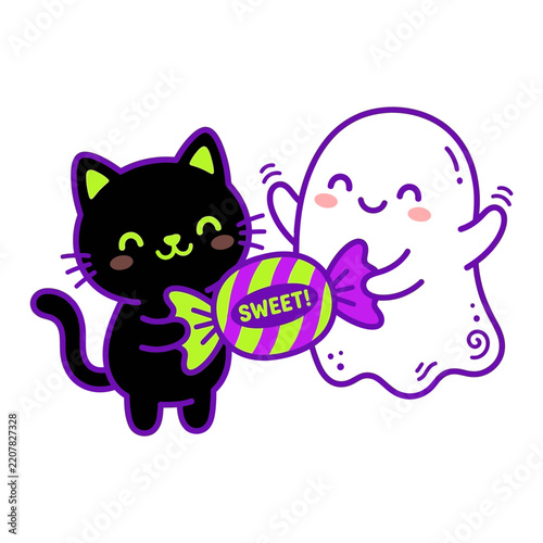 Cute Halloween black cat and ghost sharing candy