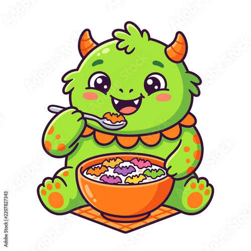 Cute green monster eating colorful cereal for breakfast