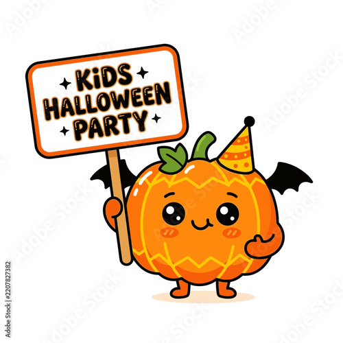 Cute Halloween Pumpkin Character Holding Party Sign