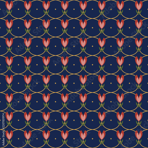 Ottoman tulip ogee lattice seamless pattern in navy blue, red and gold