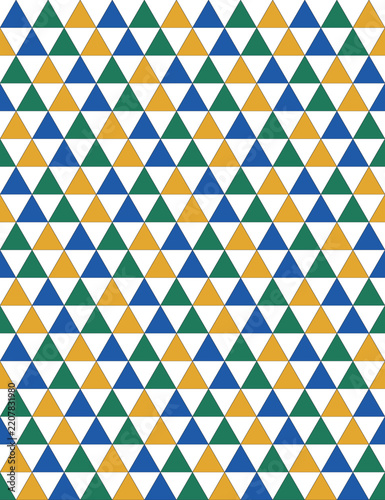 Zellige triangle mosaic seamless pattern in blue, green, saffron and white