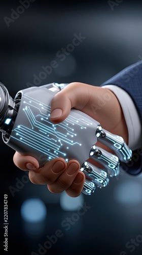 Handshake between human hand in business suit and robotic hand with blue circuit patterns in digital space