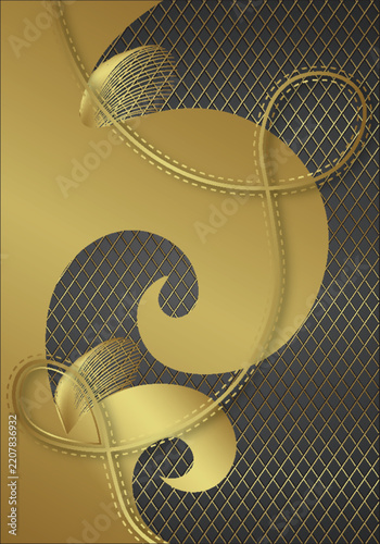 Luxury golden abstract swirl with geometric diamond pattern background.