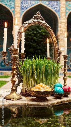 Traditional Persian Nowruz Haft Seen Table Setup With Sabzeh, Candles, Mirror, and Painted Eggs in Historic Architecture Setting