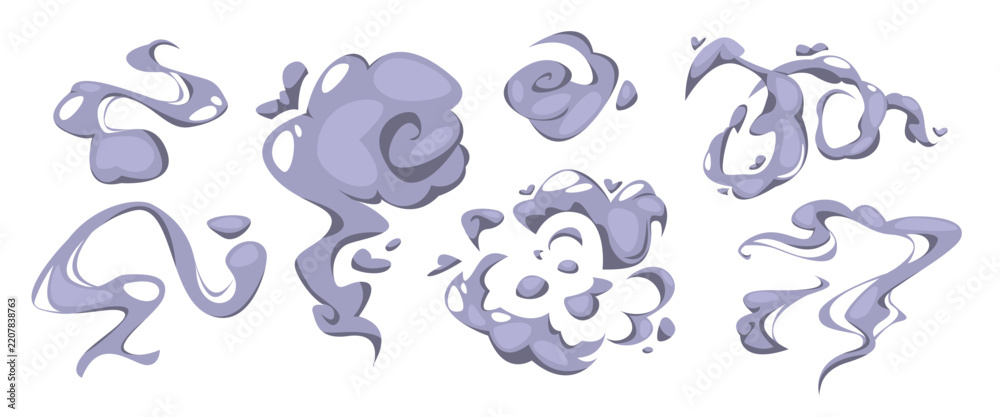 Fototapeta premium Manga smoke and cloud effects for comic illustration. Cartoon dust trails with speed motion elements, wind puffs and dynamic energy shapes. Vector graphic animation set with explosive action bursts.