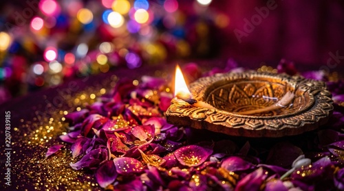 Diwali diya lamp with glowing flame on rose petals, traditional oil lamp for deepavali festival of lights, glowing celebration background