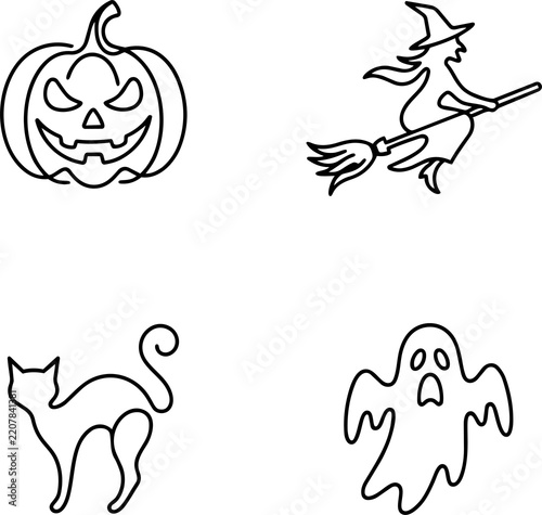 Halloween themed line art icons including a pumpkin witch cat and ghost