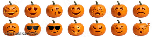 Set of carved Halloween jack-o'-lantern pumpkins with popular emoji expressions, isolated PNG cutout on transparent background, funny emoji faces collection for autumn holiday design elements.