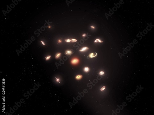 Cluster of galaxies on a black background. Universe on a large scale. Galaxies of various shapes in deep space.