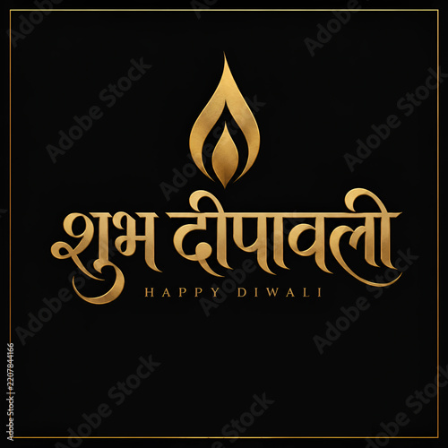 Gold Diwali Calligraphy and Flame on Black Background