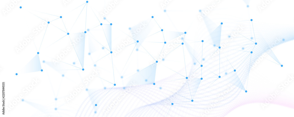 Fototapeta premium Abstract blue digital network technology background with connected nodes and wave line connect tech design background
