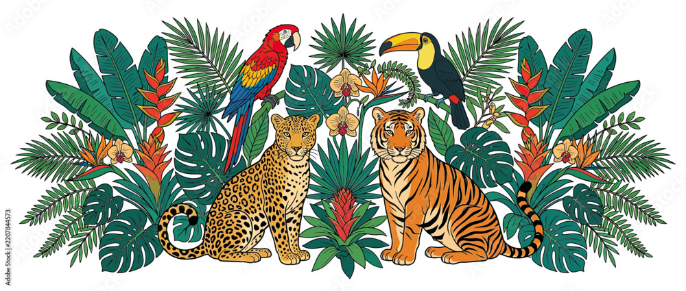 Obraz premium Jungle Animals and Tropical Plants Illustration