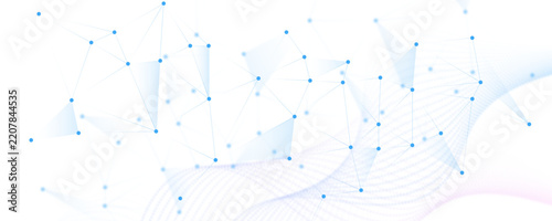 Abstract blue digital network technology background with connected nodes and wave line connect tech design background