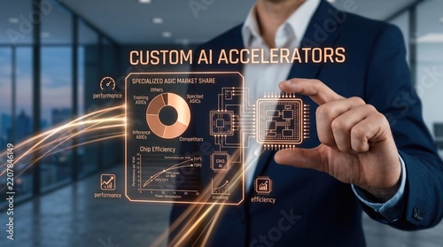 Professional showcasing a holographic custom AI accelerator chip, illustrating advanced technological innovation, data processing efficiency, and future computing solutions