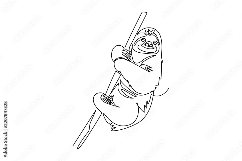 Obraz premium Continuous one line drawing happy sloth hanging lazily from a tree branch. Claws, smiling face, and relaxed posture in tropical rainforest wildlife. Single line draw design vector graphic illustration