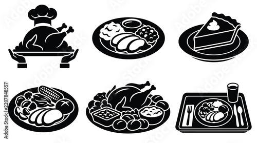 Thanksgiving Thanksgiving dinner icon set with roast turkey and pumpkin pie, featuring traditional holiday feast meal plates for restaurant menu and celebration graphic design eps