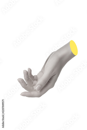 Minimalist white mannequin hand sculpture with a bright yellow cut wrist on a isolated clean white background