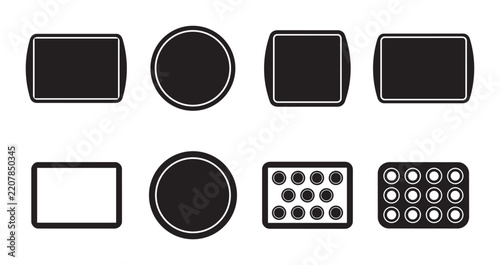Baking pan icon set for kitchen and cooking outline, solid and color styles, white background