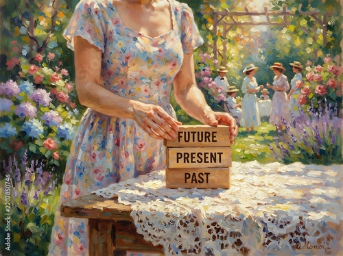 Woman Arranging Wooden Blocks of Past Present Future in a Garden.