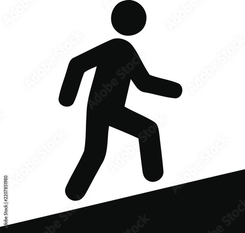 Black and white vector icon illustration of a person walking up a steep incline or a ramp