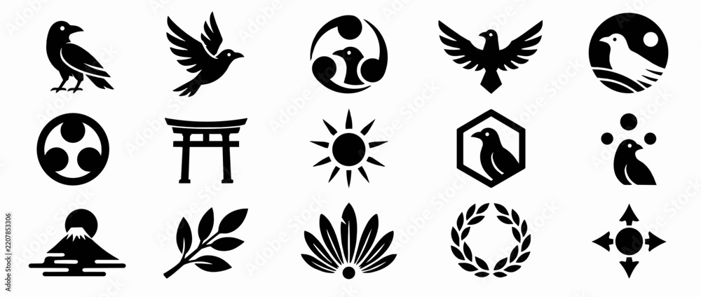Obraz premium Mythical bird and symbol icons. Ancient bird, celestial, and nature symbols. Raven, phoenix, yin-yang, sun, moon, leaf, laurel, torii gate, starburst, arrowhead. Minimalist line art for tattoos,.