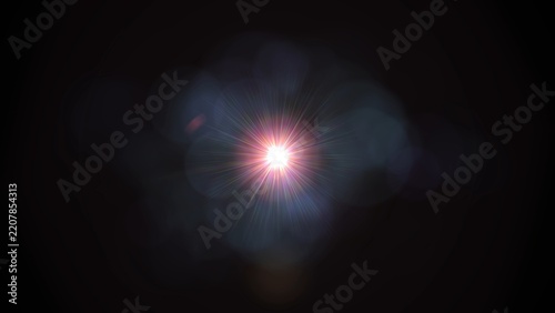 Bright starburst glows against deep black background. Radiant light pulses with soft