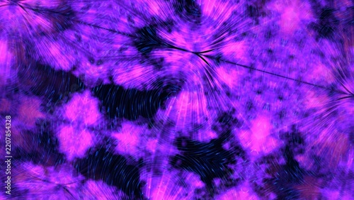 Vibrant purple and black abstract pattern radiates energy. Dense, swirling forms create a cosmic