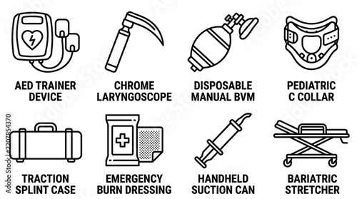 Professional medical emergency training equipment icon collection with training emergency healthcare hospital equipment clinical paramedic laryngoscope stretcher dressing professional