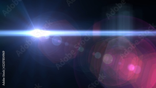 Bright blue light beam cuts through darkness. Flashing lens flares glow with warm, purple hues