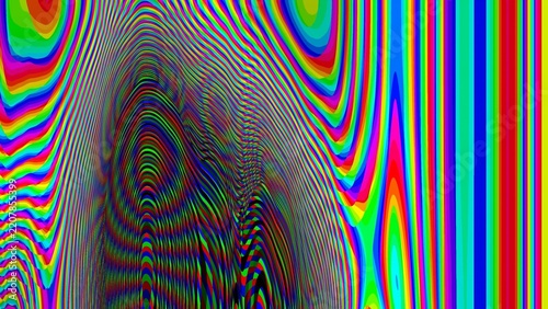 Vibrant colors swirl in hypnotic, glitch-like patterns. Curved lines ripple like water