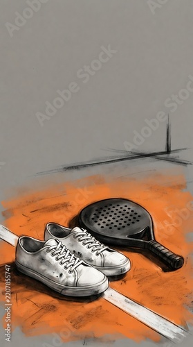 Padel racket and shoes on court.