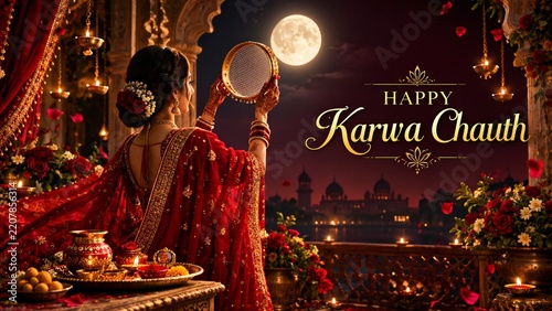 Happy Karwa Chauth Celebration Featuring Married Woman Holding Sieve Under Moonlight Glow