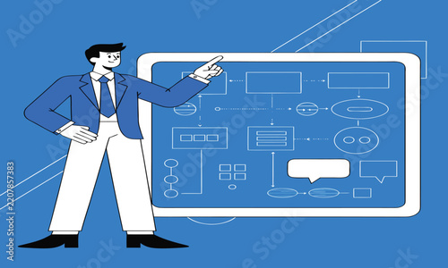 Professional Man in a Suit Confidently Presenting a Diagram with Connected Nodes and Flowcharts. and Presentation