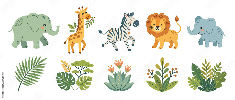 Obraz premium Cute cartoon safari animals and jungle plants isolated