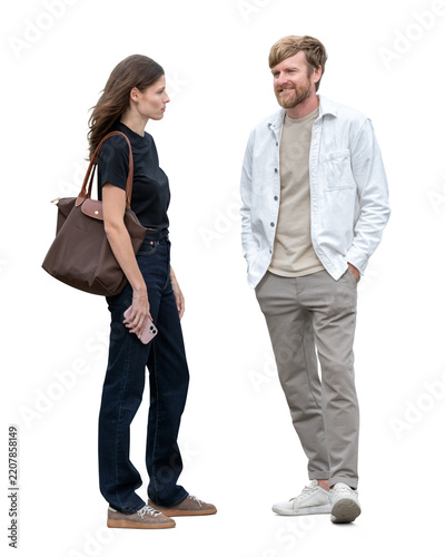 Man and woman standing and talking isolated on white and transparent background